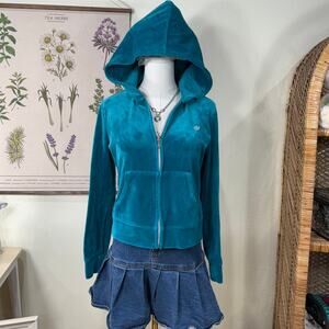 Juicy Couture Peacock Blue Teal Velour Track Hoodie Jacket Y2k McBling Trashy M